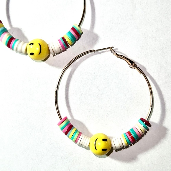 Oh Happy Day, Gold Hoop Smiley Face Colorful Beaded Earrings - Picture 4 of 11